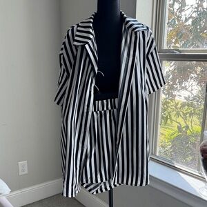 Black & White Vertical Stripe Button-Up Shirt and Shorts Set
